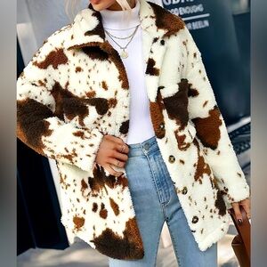 ❤️Hello Gorgeous!  Cow Print Collared Neck Button Up Fuzzy Jacket Faux Fur